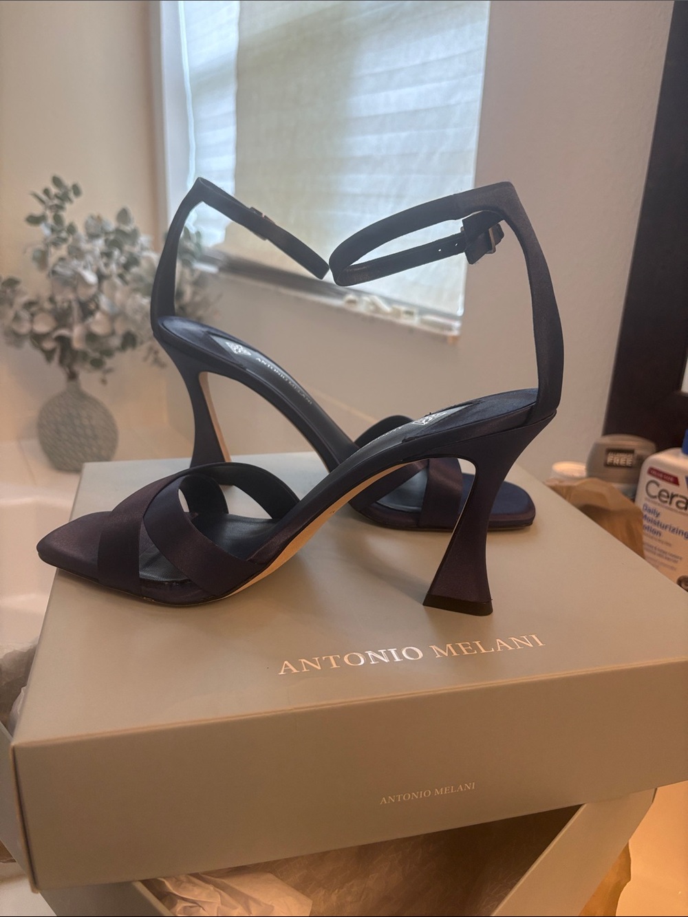 ANTONIO MELANI Navy Satin Open-Toe Slingback Heels